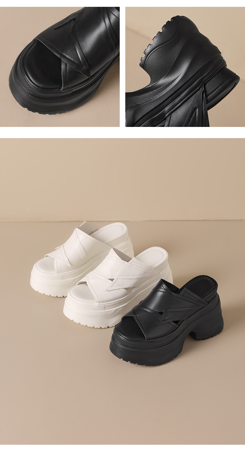 Dép sandal nữ quai ngang đế tăng 12 cm da bò mặt — màu đen, Trắng kem- chi tiết 11