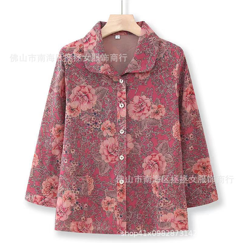 Summer Clothing for Elderly Women, 60-80 Years Old, Grandma's Style, with Pockets, Turn-Down Collar, Ice Cotton Shirt, New Style for Middle-Aged and Elderly Mothers