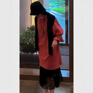 红色中长款卫衣韩系慵懒风外套2026新款女宽松独特超好看休闲上衣