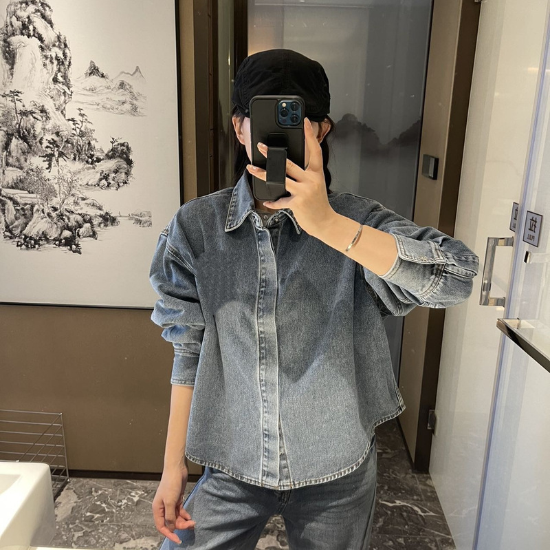 25秋季新款女日常通勤百搭短款复古宽松翻领长袖牛仔衬衫0816s10|undefined
