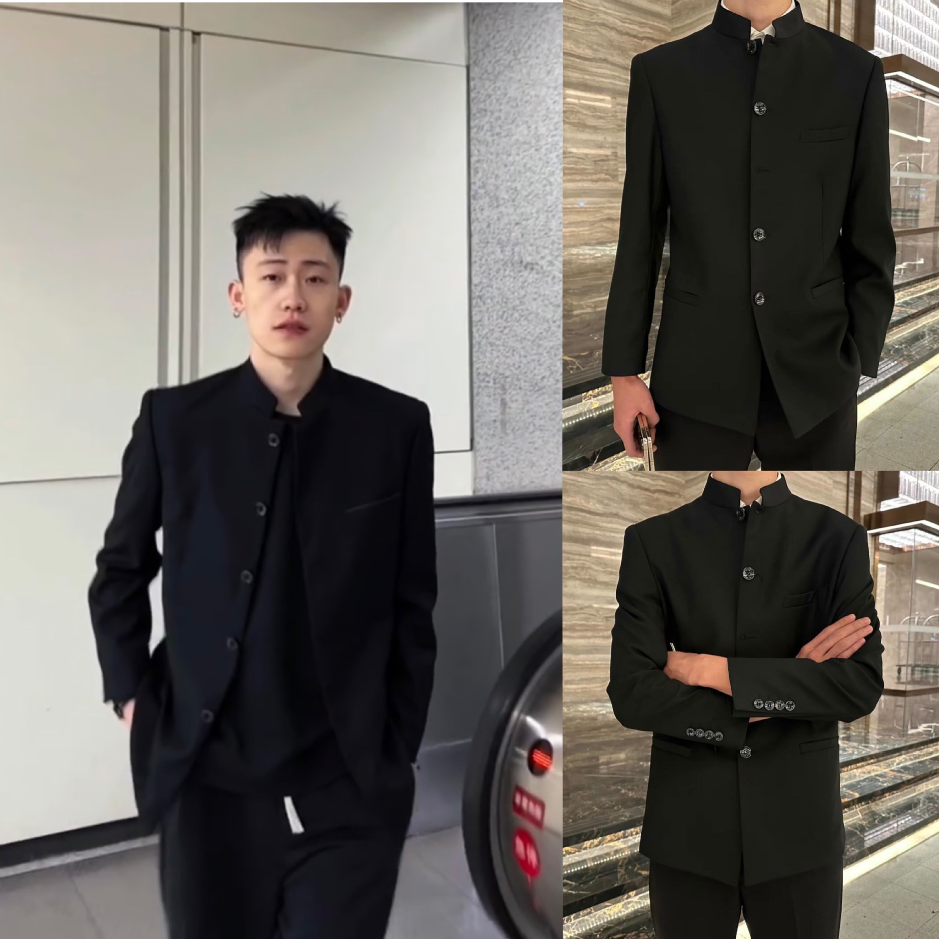 春秋新款纯黑新中式唐装男士扣子款中山装外套修身高档中山夹克