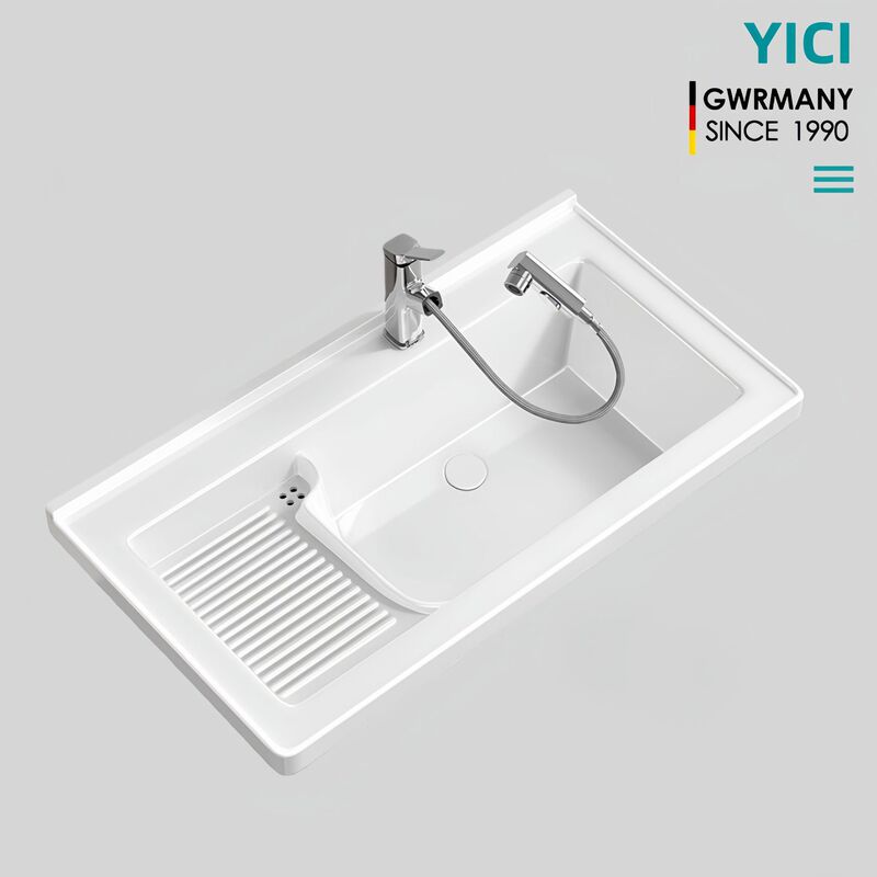 Modern Minimalist Balcony Bathroom Laundry Sink with Washboard Semi-Embedded Wash Basin Ceramic Integrated Laundry Basin
