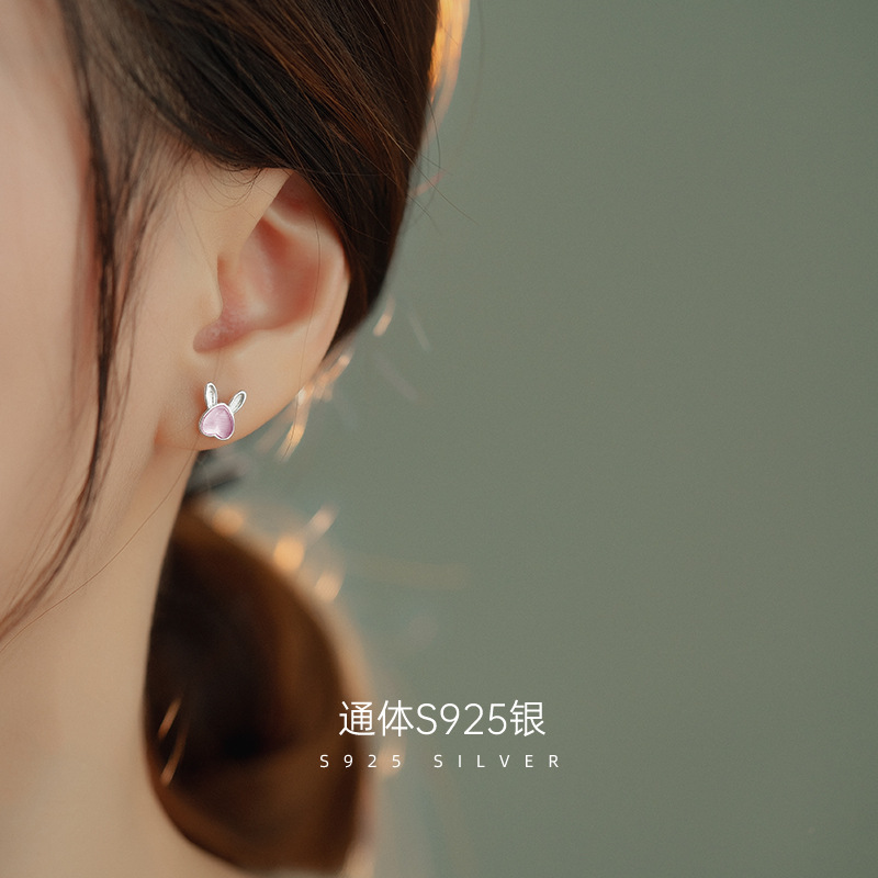 S925純銀兔子耳釘女小眾設計感氣質簡約養耳洞耳飾百搭貓眼石耳環
