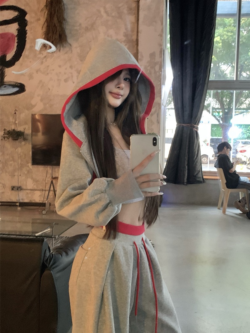 休闲运动套装灰色短款连帽开衫卫衣外套女秋季抽绳阔腿长裤两件套