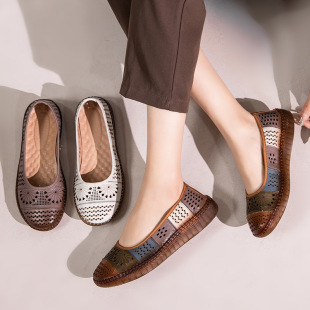 Vintage Soft Leather Soft Bottom Fashionable Casual Moms Middle-aged and Elderly Grandma Sandals Handmade Spring and Summer Women's Dancing Flat Shoes