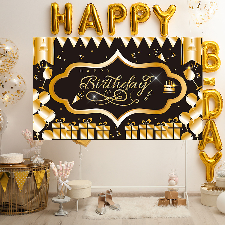 2021跨境新款黑金主题生日快乐派对背景旗帜场地聚会布置可定制