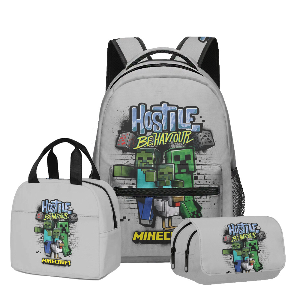 Nuevo producto 3D My World Minecraft mochila de estudiantes de primaria y secundaria bolsa de almuerzo bolsa de bolígrafo doble tres piezas set