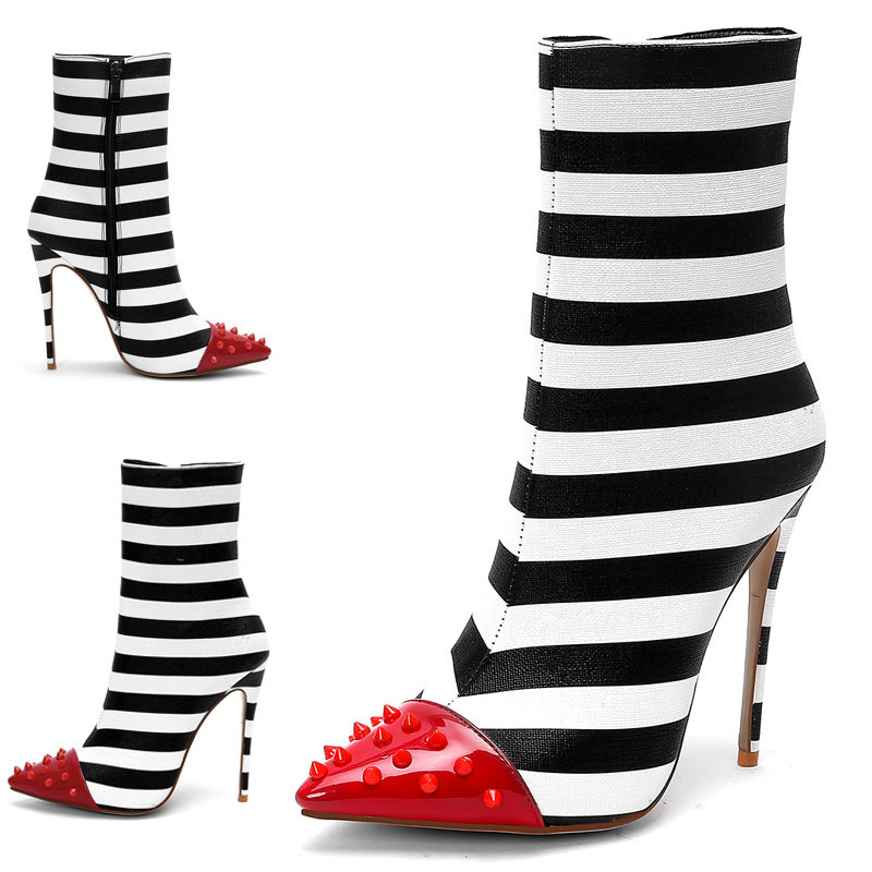 European and American Export Pointed Rivet Color-Blocked Stiletto Short Boots Elastic Slim Boots 47 Large Size Black and White Stripesd Fashion Boots