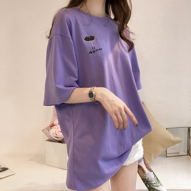 2022夏季刺绣短袖t恤女网红同款衣服女韩版中长款t恤女装外贸时尚