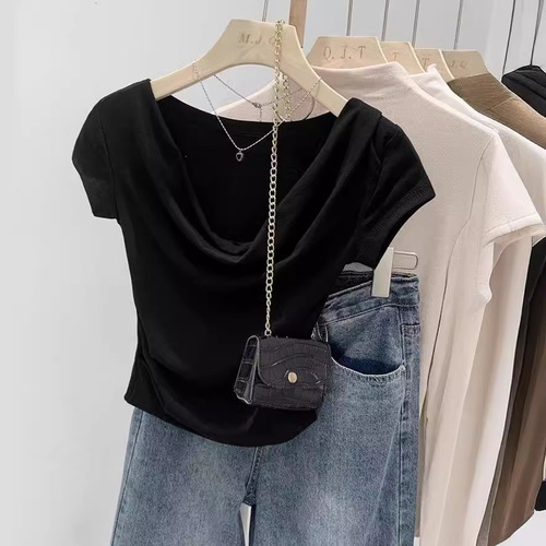 Women's Ins Design V-Neck T-Shirt Short Sleeve Summer Short-Sleeve Top Body Shaping Sexy Pure Desire T-Shirt Wholesale