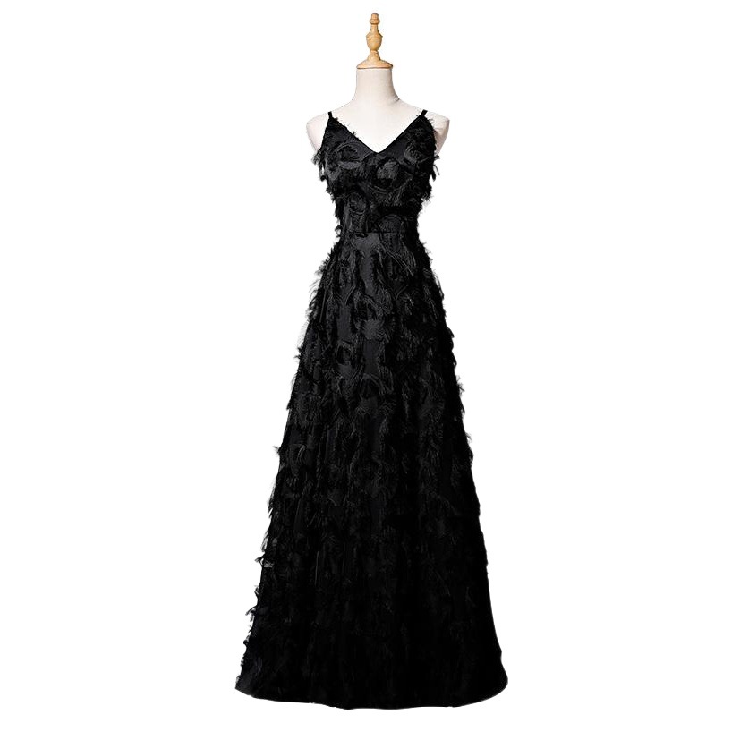Fairy Feather Birthday patty Ladies Black Elegant Sexy Dress Sling Black Banquet Long Dress