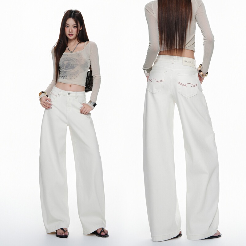 SS& early autumn new American-style white ultra-soft stretchy loose wide-leg curved casual denim floor-length pants