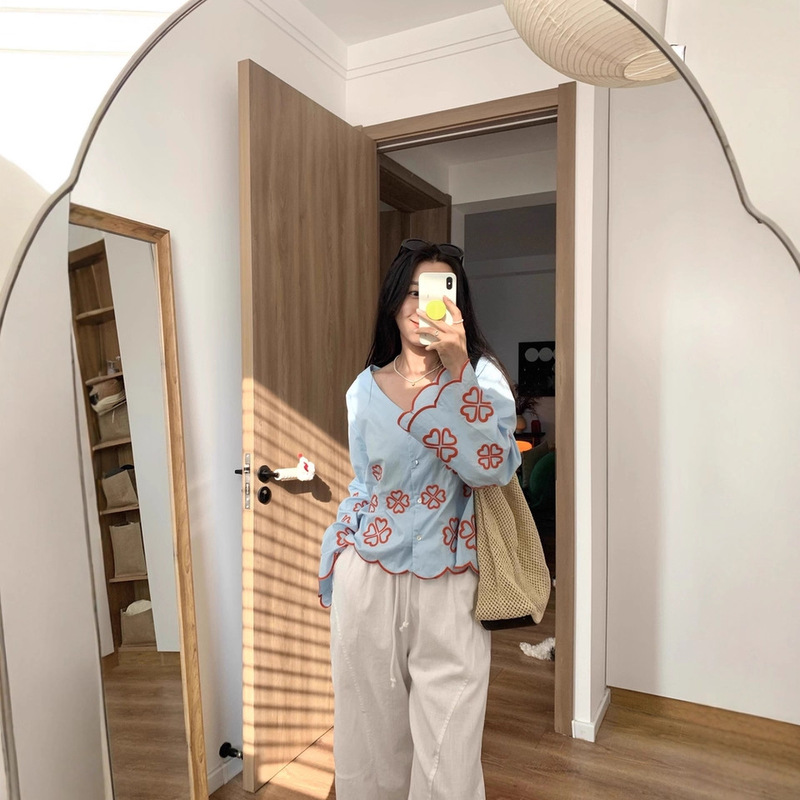 Sisse* Edelb*25 Danish Genuine Embroidered Printed Shirt Women's Loose Casual Top