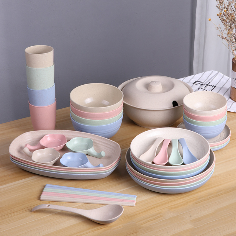 Wheat Straw Bowl Set for 2 Couple Household Dishes Bowl Chopsticks Plate Household Tableware Drop-resistant Plastic Dining Bowl
