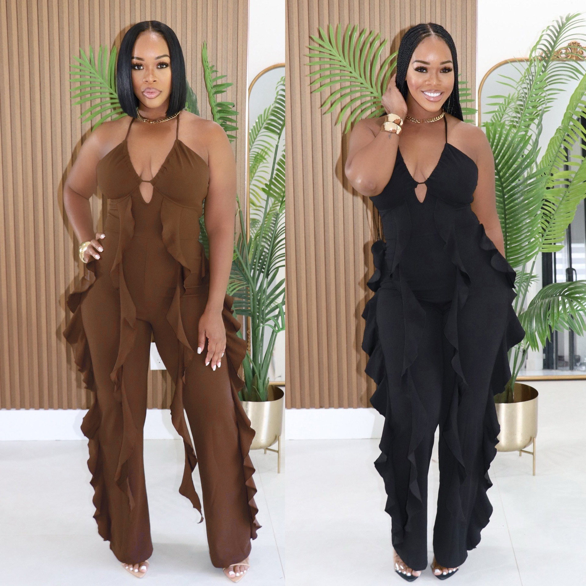 A7626 Cross-border European and American women's clothing, halter neck deep V jumpsuit with side ruffles, slim fit and slightly flared jumpsuit