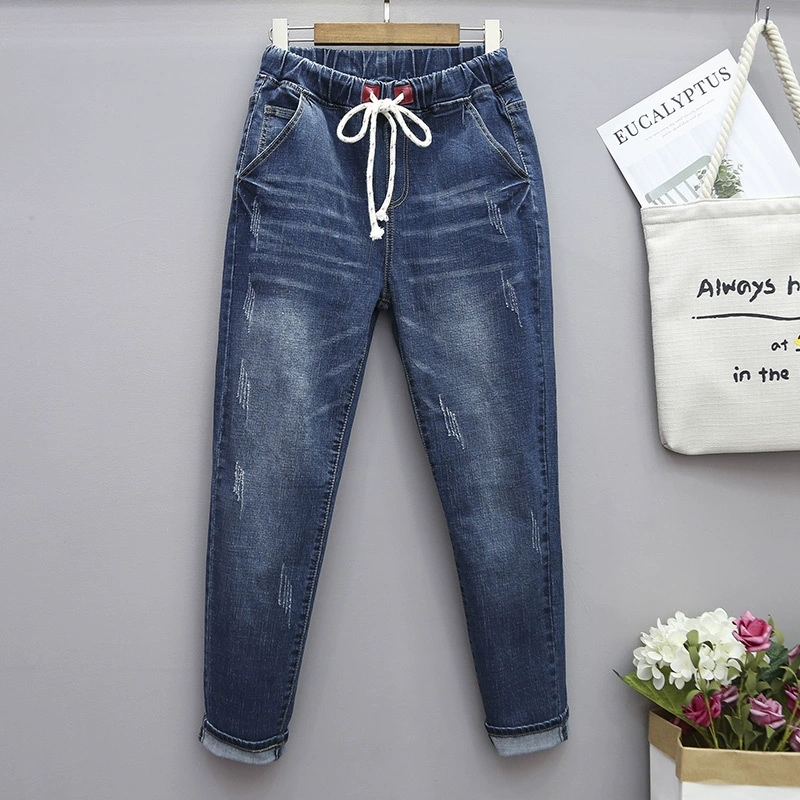 Новые осенне-зимние эластичные джинсовые брюки больших размеров 100kg года, свободные утягивающие эластичные шаровары с высокой талией, брюки-морковки