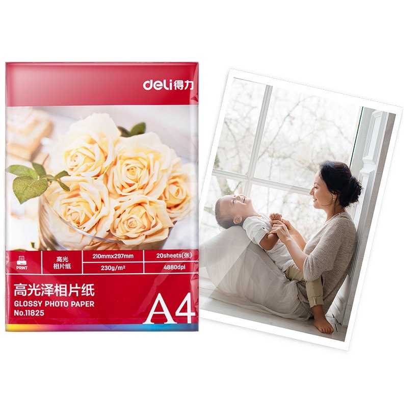 Deli 11825 A4 papel fotográfico de alto brillo de secado rápido color rico colorante uniforme papel fotográfico 20 hojas/paquete