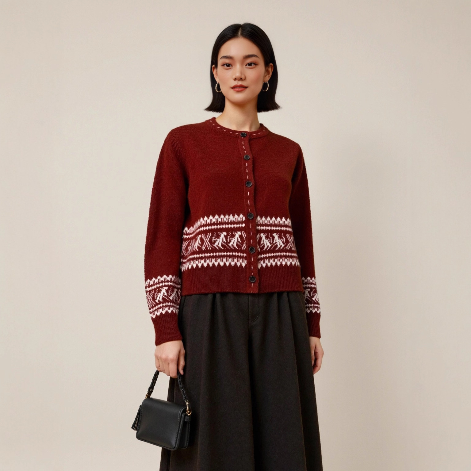 100%羊毛费尔岛提花针织开衫女设计感慵懒风圆领毛衣休闲百搭上衣