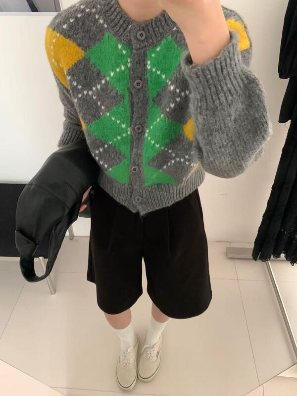 新款拼色菱形格针织开衫经典老钱风撞色毛衣外套女慵懒风独特女装|undefined