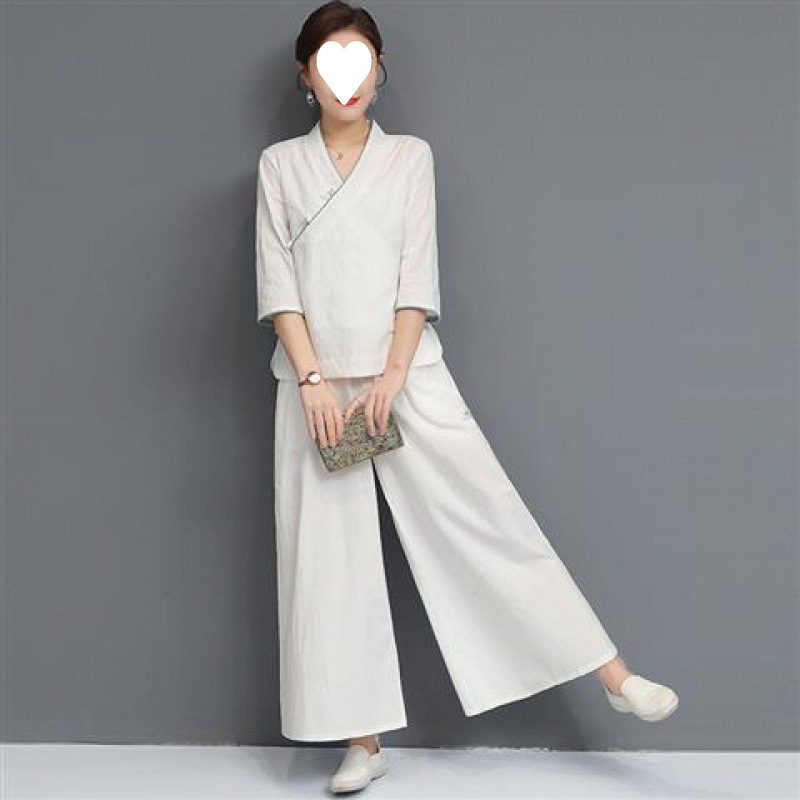 Zen Meditation Layman's Clothing, Yoga Clothing Two-Piece Set, Retro Han Dynasty Women's Chinese Style Tang Suit Cotton and Linen Zen Tea Clothing Suit for Women