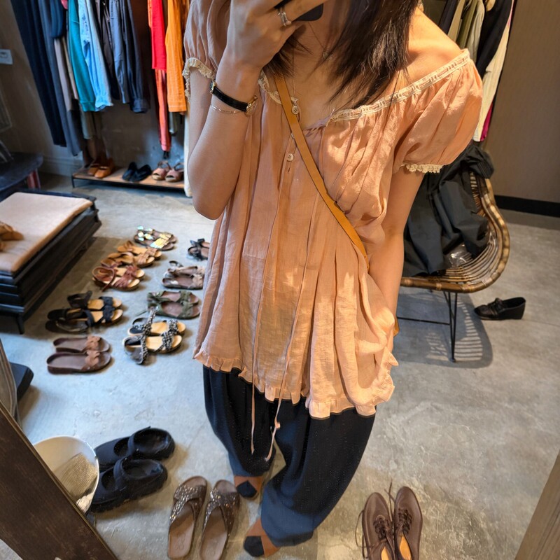 Current Korean Designer Fer*Ata Ramie 100 Lace-Up Short-Sleeve Shirt Korean-Style Women's Half-Button Top Current Korean Designer Fer*Ata Ramie 100 Lace-Up Short-Sleeve Shirt Korean-Style Women's Half-Button Top