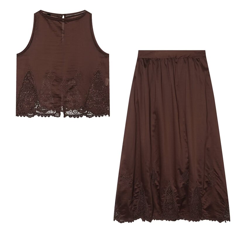 Foreign Trade European and American Style Summer New Lace Embroidered Top Sleeveless Vest + Fluffy Midi Skirt Set Foreign Trade European and American Style Summer New Lace Embroidered Top Sleeveless Vest + Fluffy Midi Skirt Set