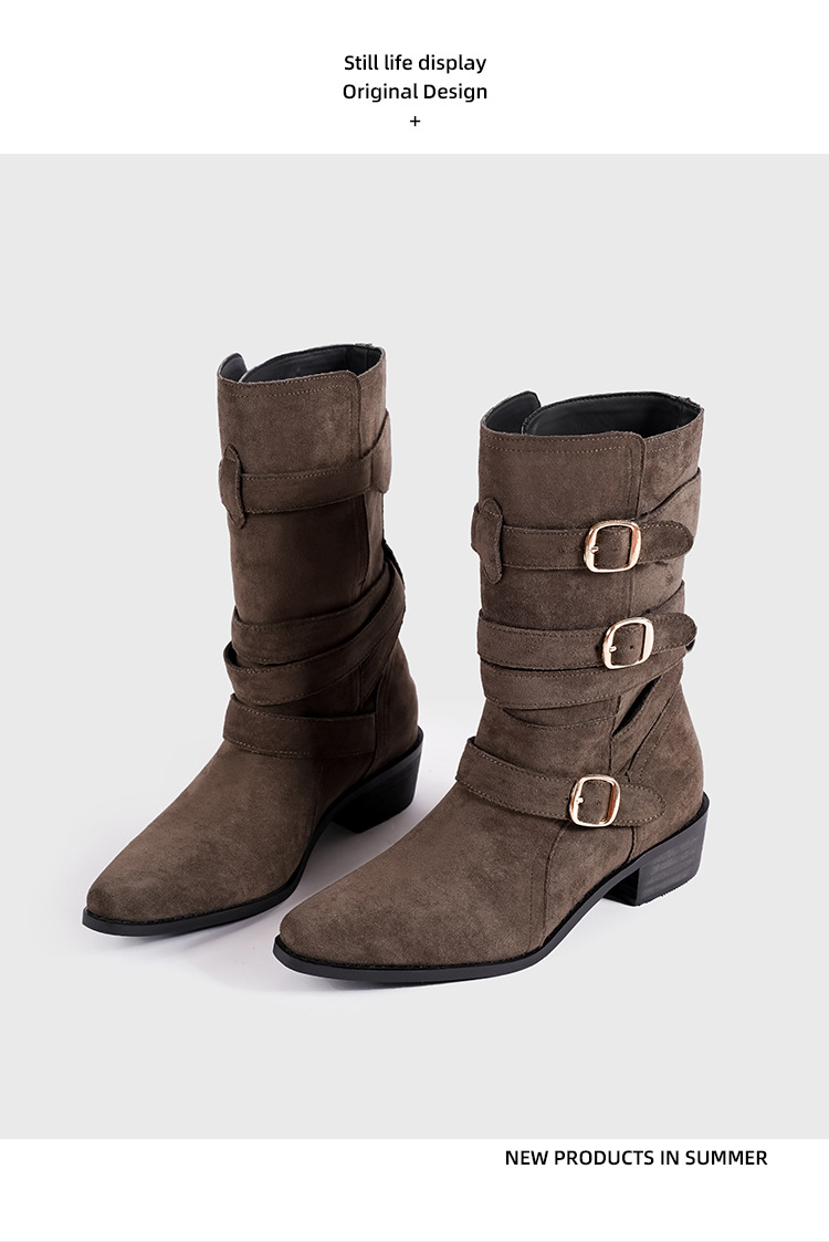 Spetsiga Knight-stövlar för kvinnor Hösten 2024 nya brittiska stövlar med spänne i västerländsk stil, mellanhöga Martens-stövlar för kvinnor_voghion.com