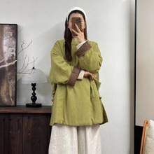 2025冬季新款女装复古中式亚麻加厚上衣女立领盘扣系带禅意