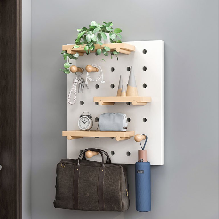 Agujero de madera maciza tablero colgante tablero rack de almacenamiento armario de pared entrada de la pared de entrada de almacenamiento de la pared