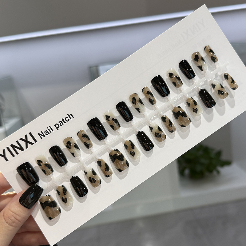 预制款晕染豹纹穿戴美甲短方秋冬新款欧美纯欲风可拆卸假甲片批发|undefined