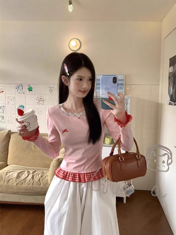 蝴蝶结刺绣假两件长袖T恤女秋冬粉色蕾丝拼接格子内搭打底衫上衣|undefined