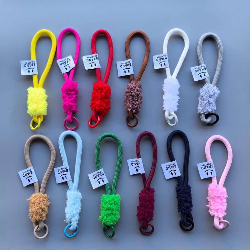Japanese and Korean Autumn and Winter Explosions Plush Solid Color Short Mobile Phone Lanyard with Smiley Label Bag Keychain Gasket Lanyard