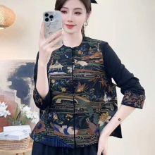 2025秋季国风女装缎面重工祥云刺绣花朵民族风坎肩女式珠扣马甲