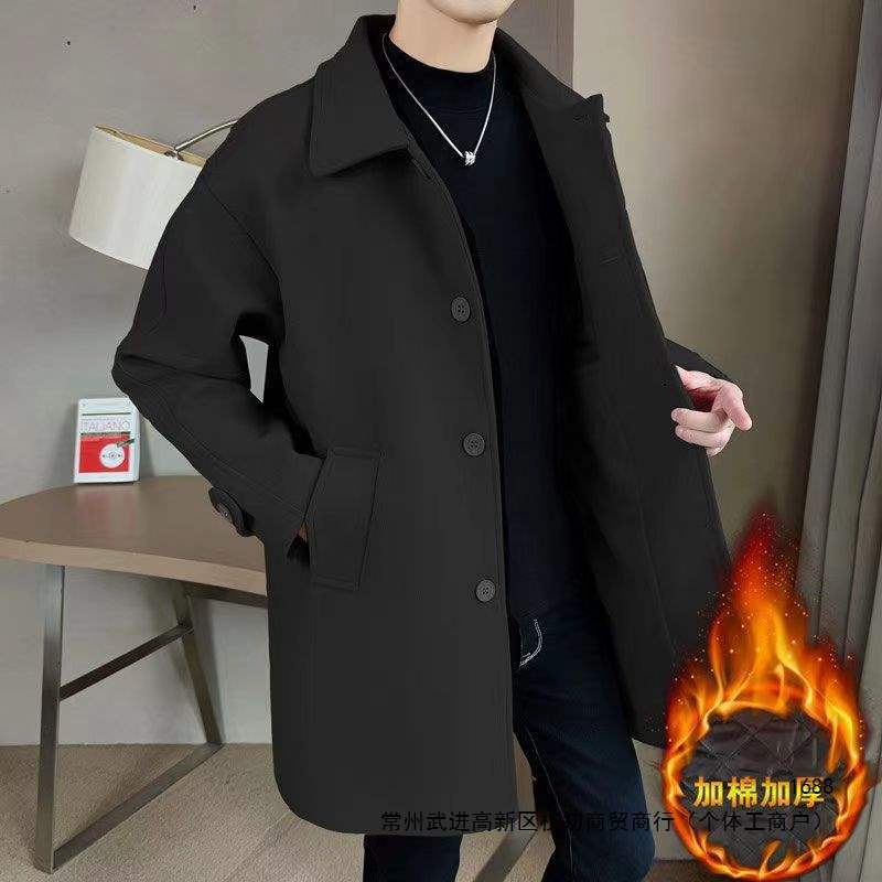 Men's mid-length trench coat, thickened woolen overcoat, stylish and trendy woolen coat, men's clothing, cape