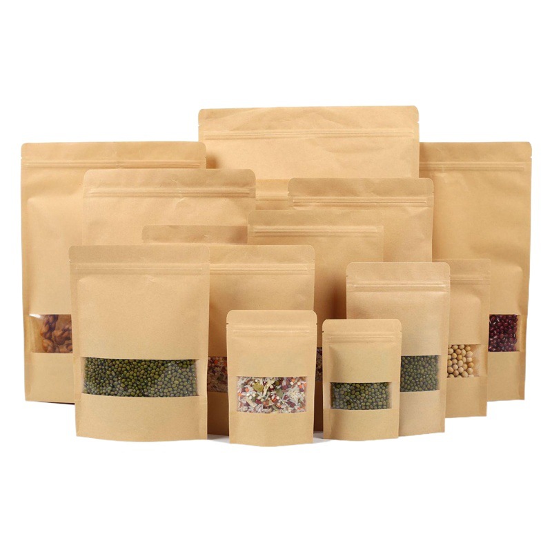 Bolsa de embalaje nueces té frutos secos HD ventana sellada bolsa ziplock de papel Kraft en stock bolsa de papel Kraft de pie
