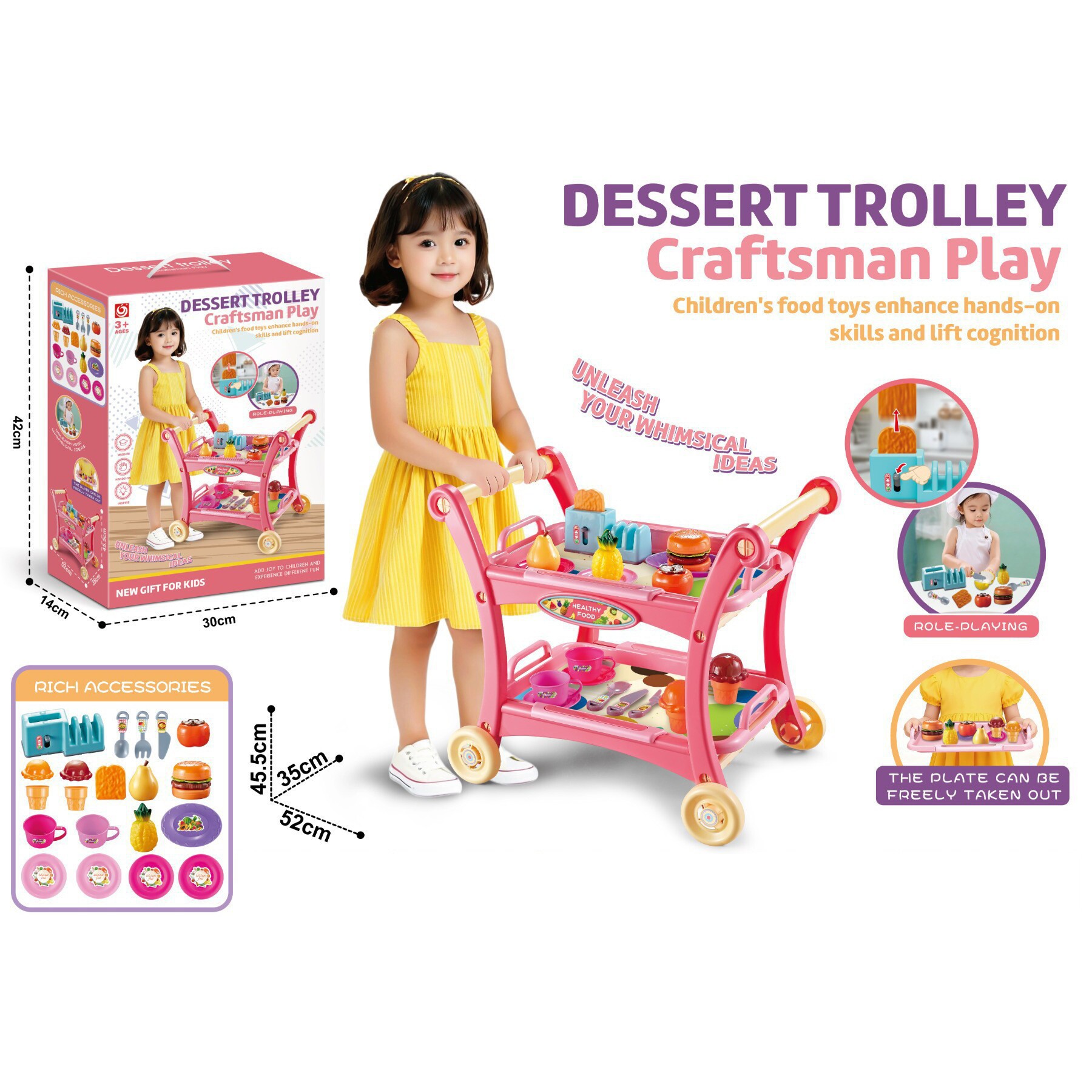 Cocina de simulación de niños transfronterizos, set de té de la tarde, herramientas de mantenimiento de la mesa de enfermería del médico, carro de casa