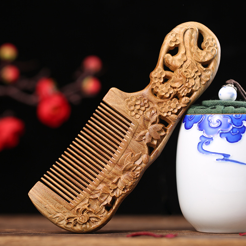Factory wholesale Green sandalwood comb 180# Double side carved long hair sandalwood hair comb large fine tooth massage comb