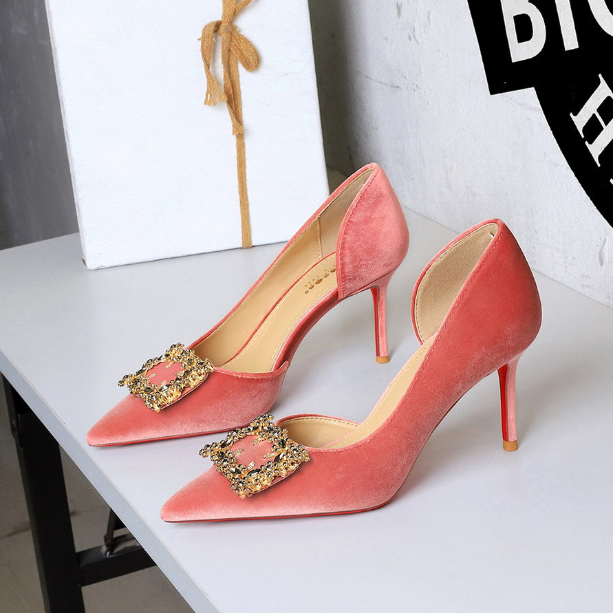 9269-AK301 European and American style banquet high-heeled women's shoes with metal rhinestone square buckle, one foot kick, side hollowed out single shoes for women