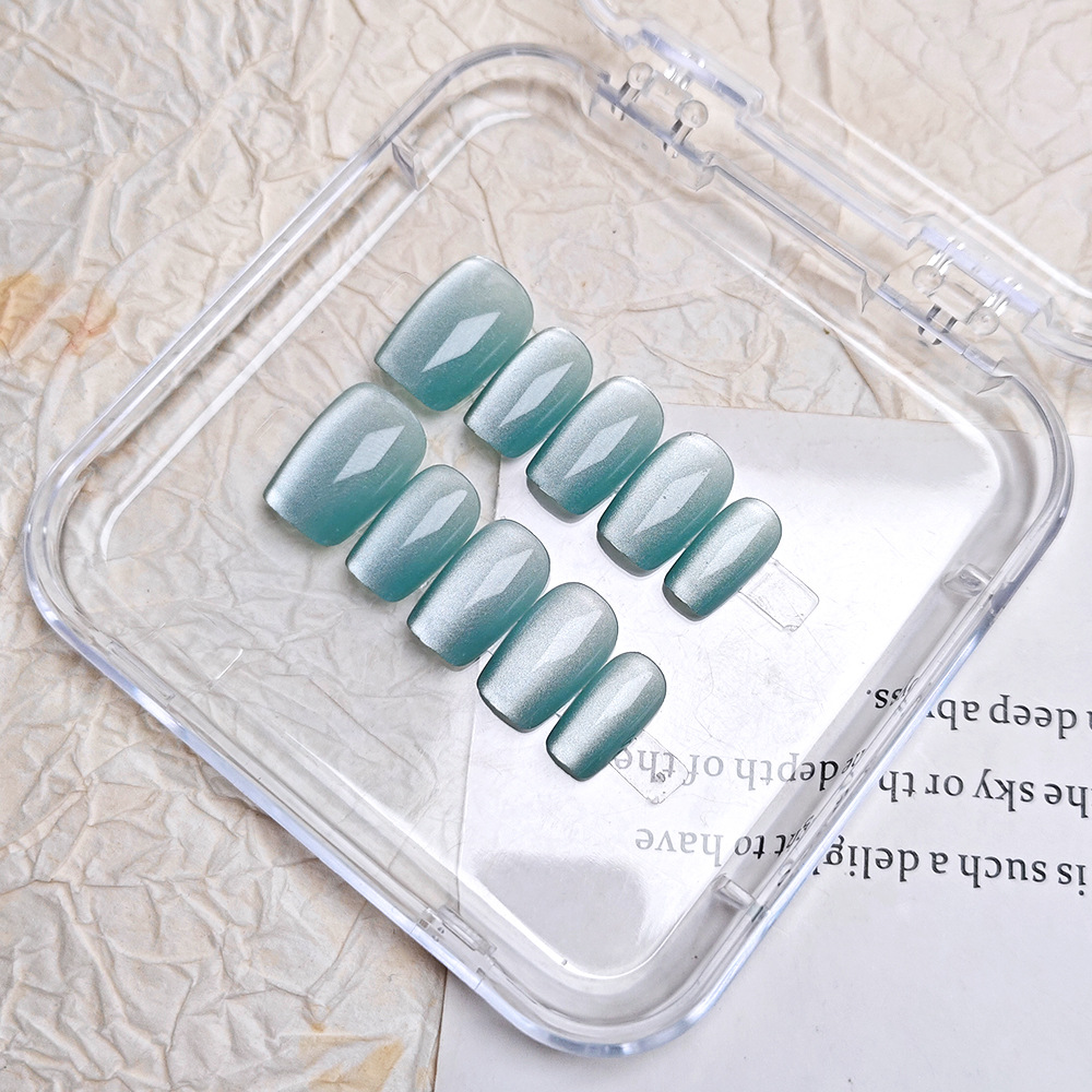 10 piezas de parche de uñas de código dividido, brillo azul hielo silencioso, ojos de gato, uñas postizas, color sólido, uñas portátiles hechas a mano frías image 7