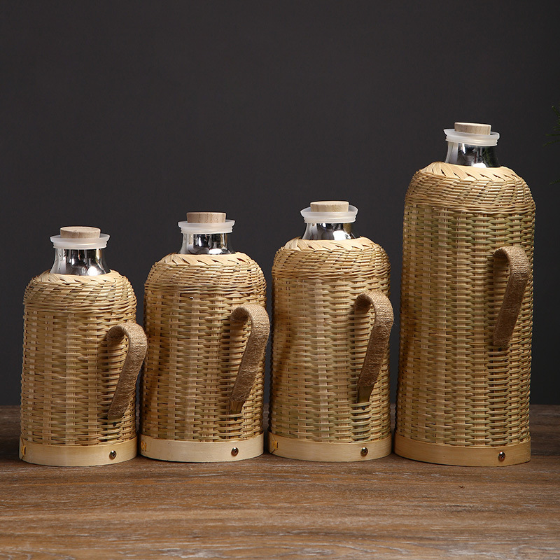 Hot Water Bottle Bamboo Woven Household Handmade Traditional Cork Kettle Tea Room Office Thermos Glass Liner Hot Water Bottle