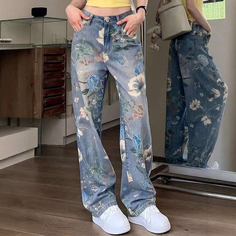 Floral Wide-Leg Jeans for Women Plus Size Spring and Autumn High-Waisted Unique Print Straight-Leg Floor-Length Pants Trendy
