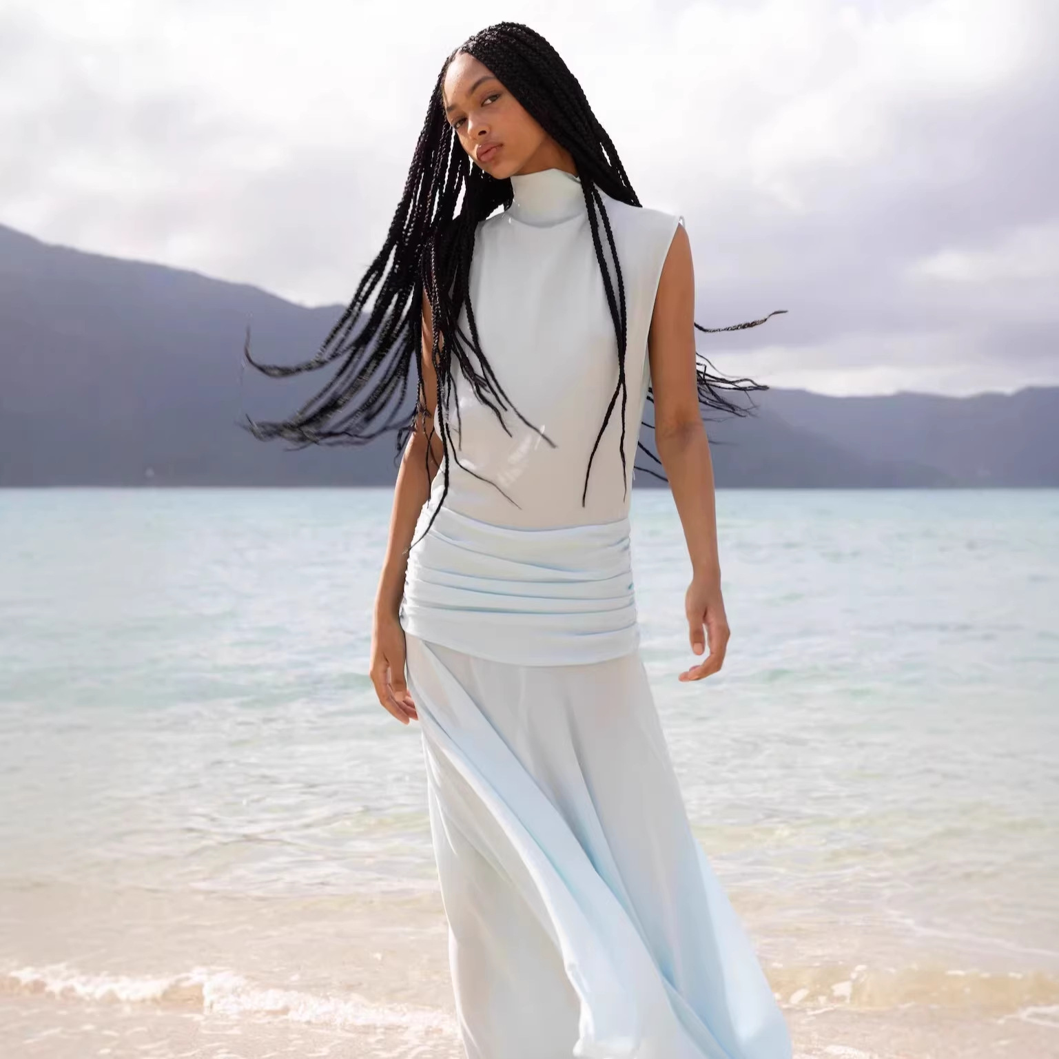 Summer Fashion Sleeveless Slim Fit Stand Collar Long Dress For Women Sexy Solid Color Ruched American Style_ecoleips.com