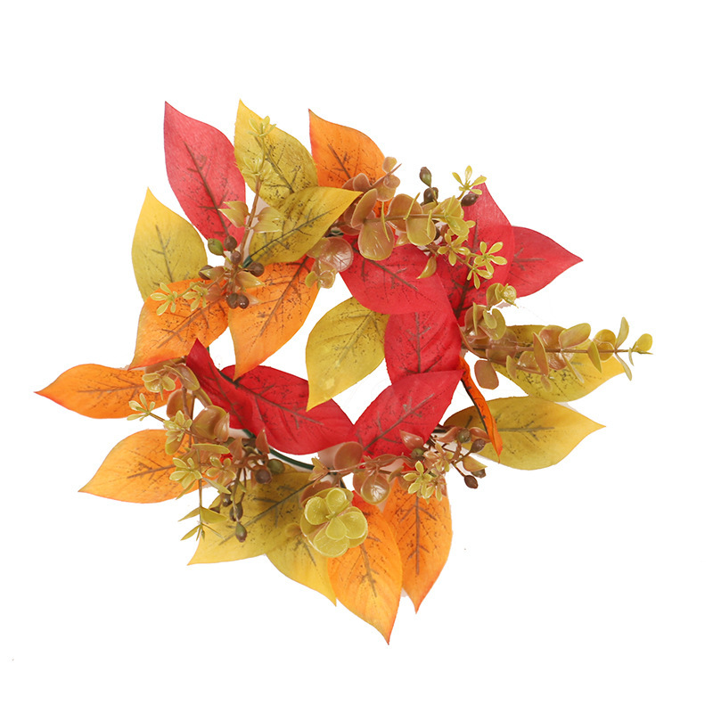 感謝祭の紅葉の小さな花輪キャンドルホルダー、家の休日の装飾、造花、カボチャの装飾、休日の用品|undefined