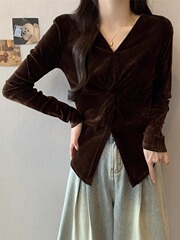 2025新款秋季咖色丝绒衬衫大码女装胖MM收腰遮肚V领长袖上衣