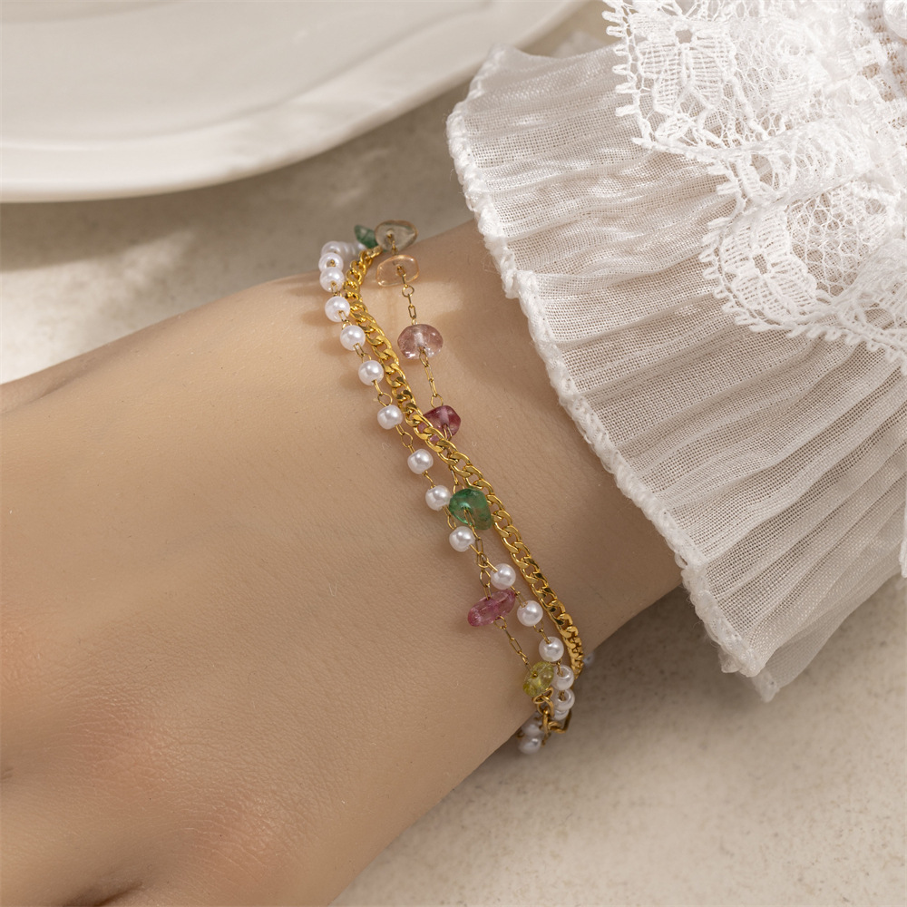 Tena Pulsera de acero inoxidable europea y americana Pulsera de perlas de piedra natural de alta calidad de lujo ligero, joyería de acero de titanio, estilo explosivo transfronterizo