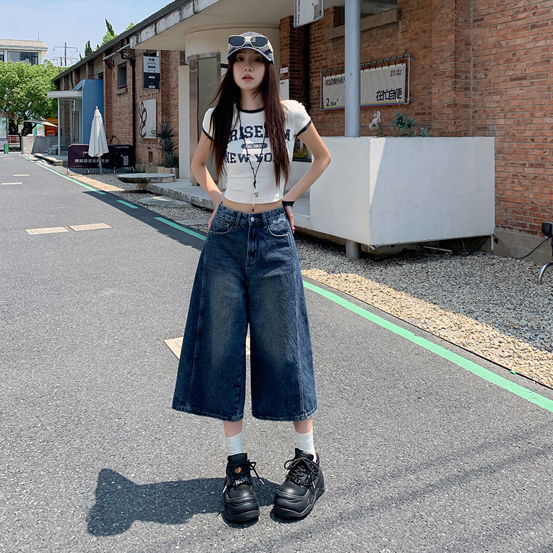 American Retro Style Women's Cropped Jeans 2026 Summer High-Waisted Slimming Versatile Straight Loose Wide-Leg Mid-Length Pants American Retro Style Women's Cropped Jeans 2026 Summer High-Waisted Slimming Versatile Straight Loose Wide-Leg Mid-Length Pants