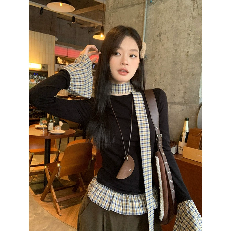 Официальная картина Jinliang [Спотовая цветная хлопковая речатка] Поддельные две сшитые футболки с длинными рукавами женская весенняя горячая девушка топ