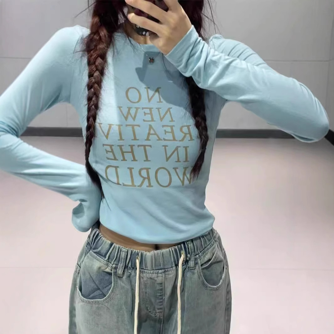 [rayon modal 1*1 tailored] blue letter printing long sleeve t-shirt female winter niche hot girls slim fit