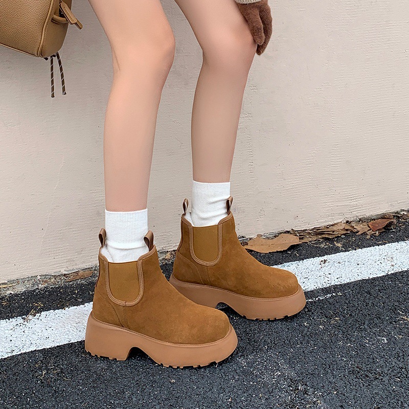 Boot Chelsea nữ da dê lót lông cừu đế dày platform ấm mùa đông — màu đen