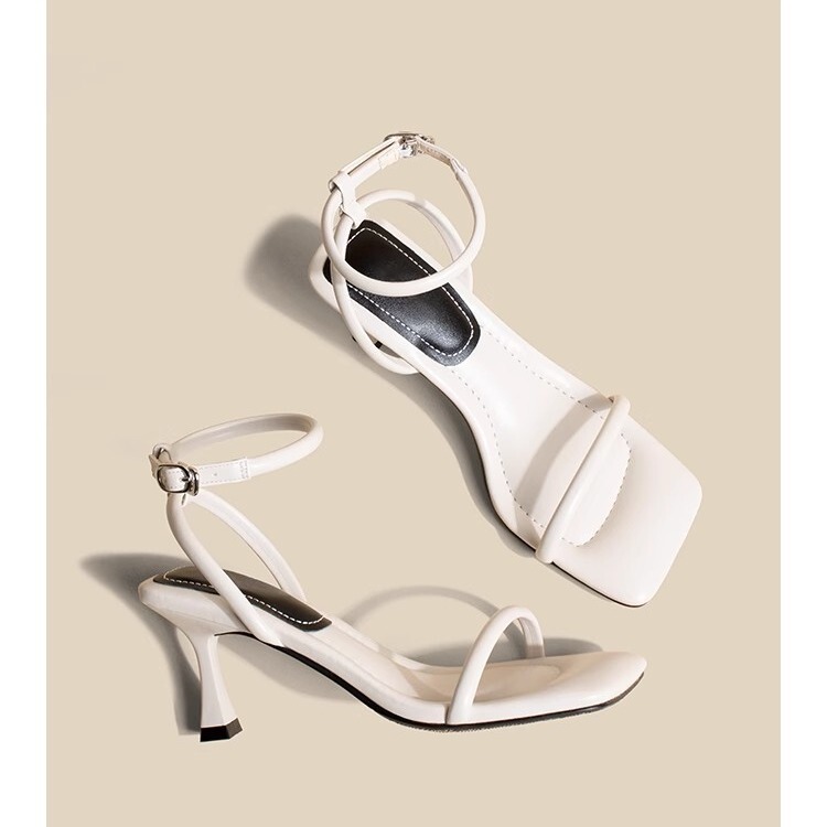 2026 New White French-Style High-Heeled Shoes with Thin Heels, Square Toe, Open-Toe, Single Strap, Ultra-Comfortable Sandals for Women in Summer